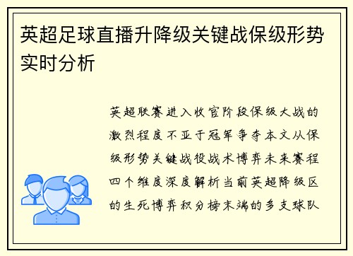 英超足球直播升降级关键战保级形势实时分析