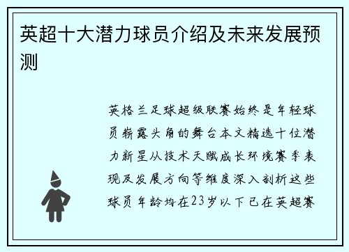 英超十大潜力球员介绍及未来发展预测